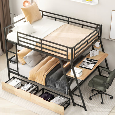 Lit superposé double avec structure en métal, bureau intégré et 2 tiroirs - structure de chambre noire
