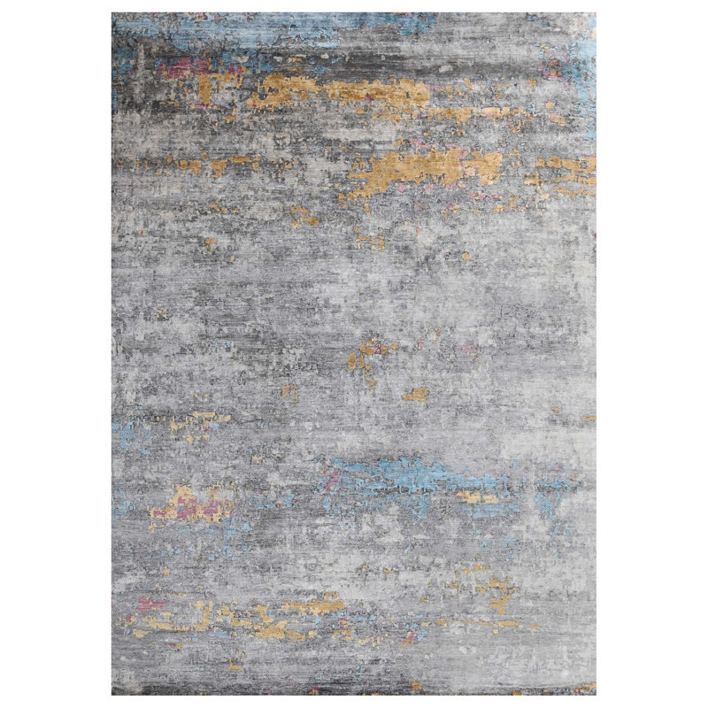 Tapis rectangulaire abstrait en viscose noué à la main jaune / gris, Rectangle 9 pi x 12 pi