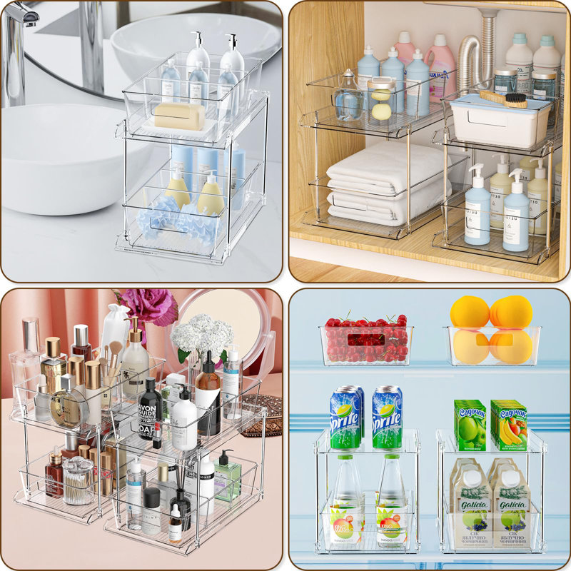 3-Pack Stackable Clear PET Pull-Out Drawer Organizer, Multi-Purpose Storage For Beverages, Snacks, Toiletries, And More