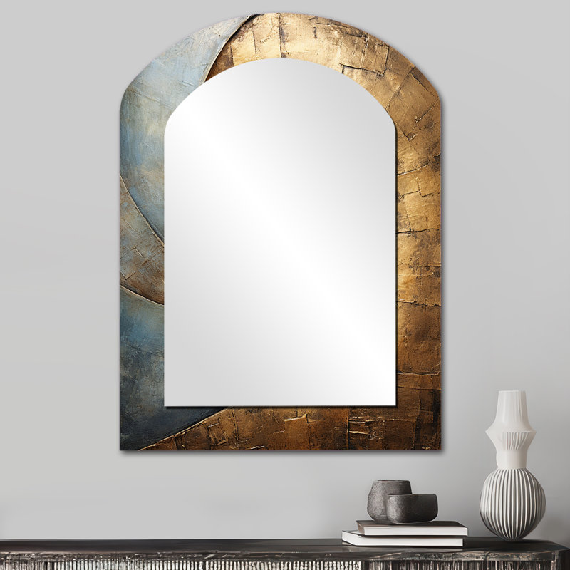 Or noir Timeless Turn III - grand miroir asymétrique spirales abstraites, miroir mural décoratif arche moderne, impression d'art en métal