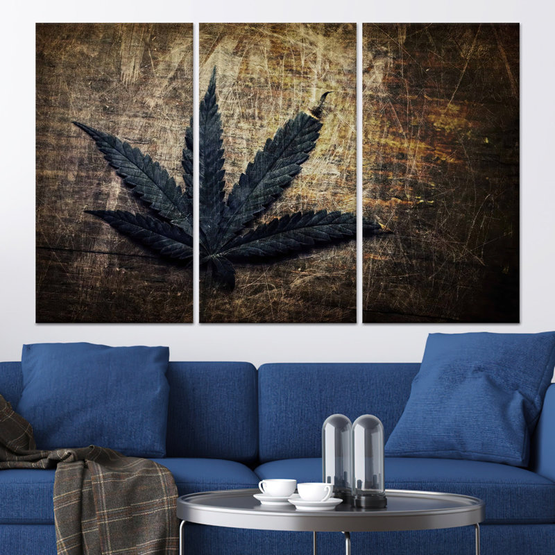 Impression d'une toile de feuille de marihuana: œuvre d'art vintage grunge, toile tendue 3P, 23,6 po H x 47,2 po l