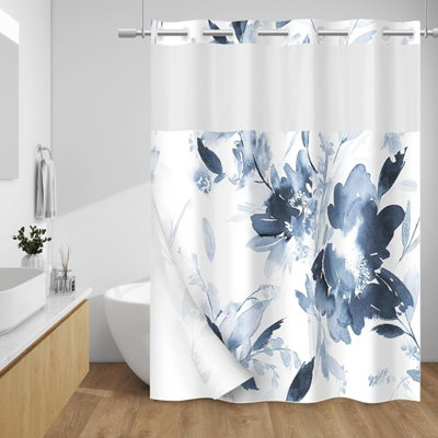 No Hook Shower Curtain With Snap In Liner - Floral Shower Curtain - Fabric Waterproof Inner Liner, Plants Flowers Cloth Shower Curtains Washable, 71 X 74 Inch