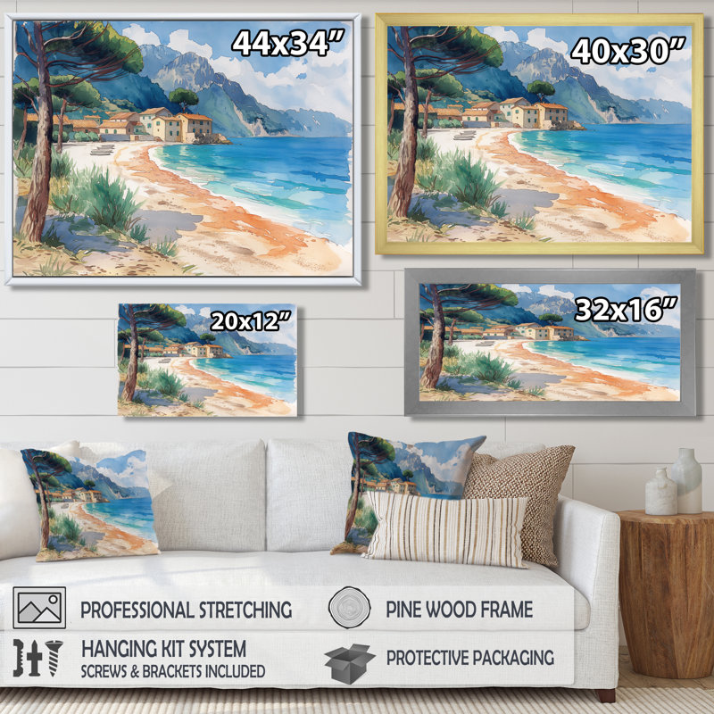 «Blue Green Italian Beachside Escape», art mural plage, H 30 po x l 40 po x P 1,5 po, Toile tendue