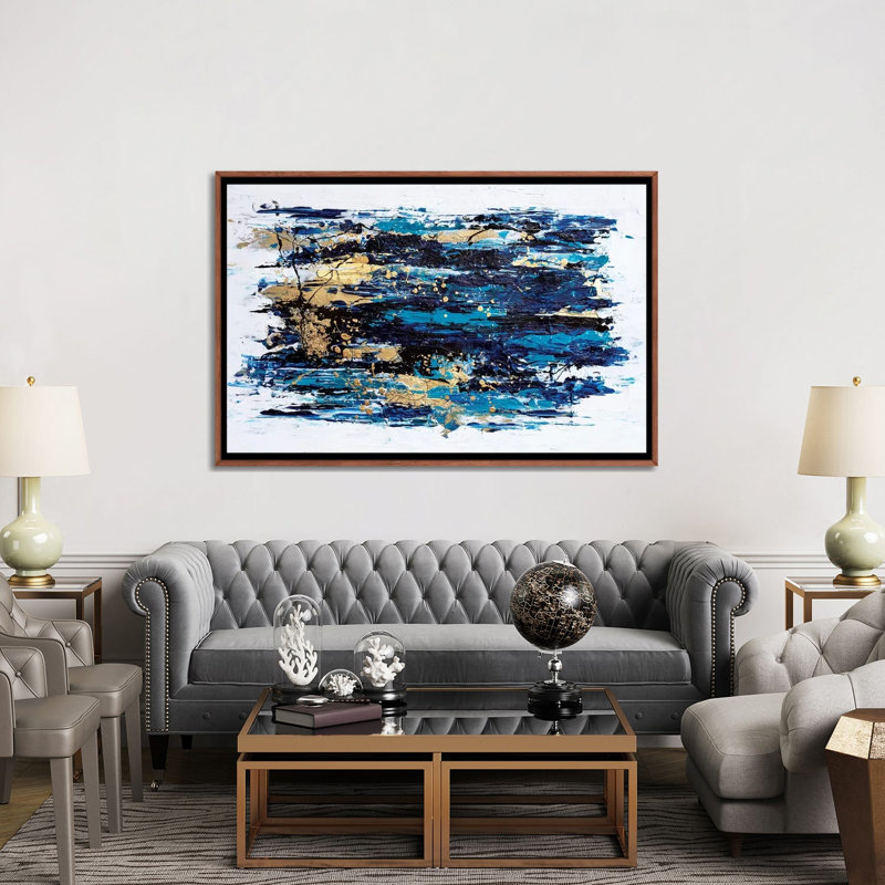 Blue Tide par Nikki Chauhan-impression d’art graphique, H 40 po x l 60 po x 1,5 po, Toile avec cadre en bois brun classique