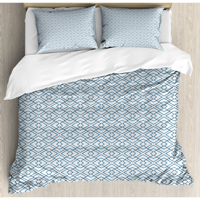 Blue and White Geometric Pattern Queen Duvet Cover Set