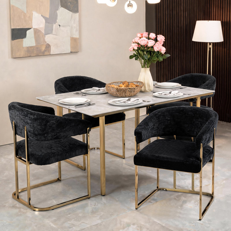 Modern Gold Metal Frame Upholstered Armchair Dining Chair, Black