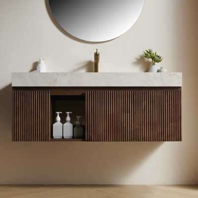 Meuble-lavabo de salle de bain 48 po EIDEN, meuble de rangement flottant, plateau en pierre frittée crème et vasque en céramique avec 3 trous de robinet pré-percés, démonté, sans robinet et ensemble de drain, couleur grain de bois noyer