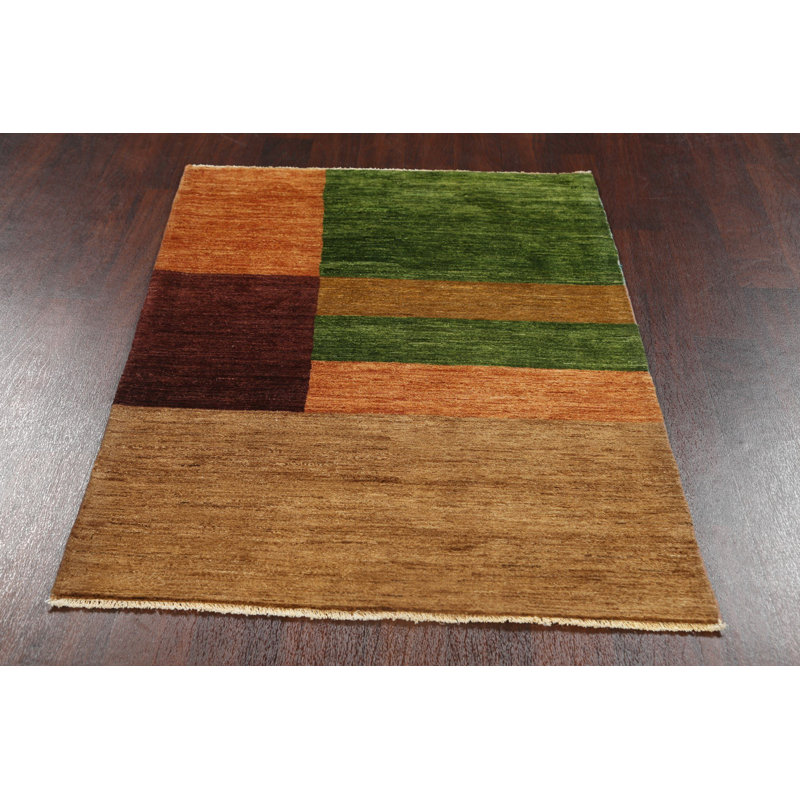 Tapis vert / beige en laine noué à la main de conception unique 3 pi 5 po x 4 pi 11 po New Age