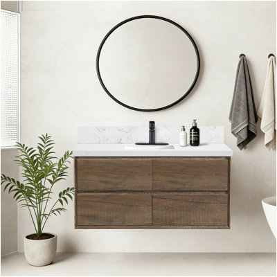 48 Inches Modern Bathroom Vanity Wall Mounted Floating Cabinets Drawers, Engineered Stone With Sink