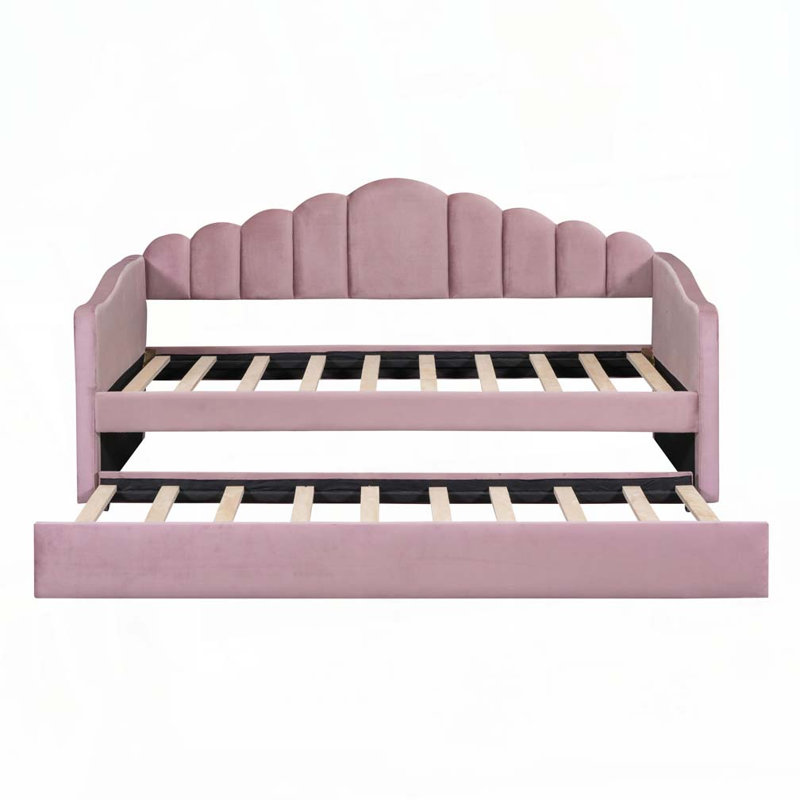 Velvet Upholstered Daybed with Trundle and USB Charging Ports, Pink