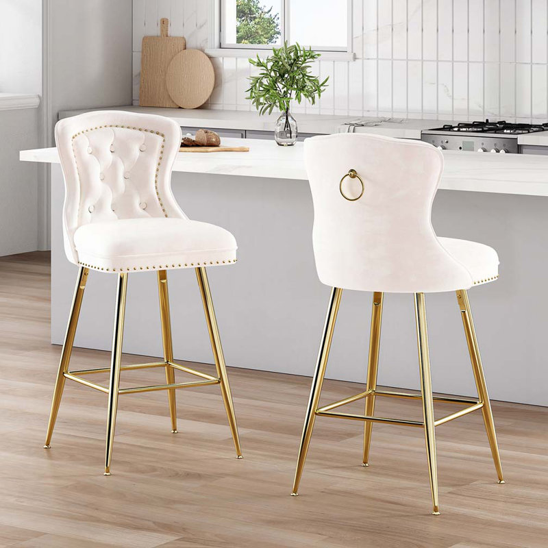 Tabourets de bar en velours à hauteur de comptoir avec pieds en métal, Beige