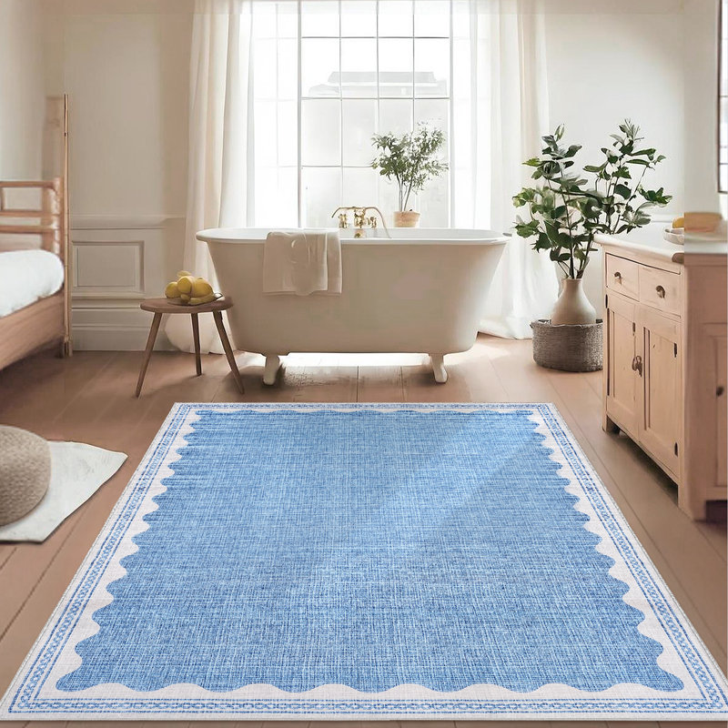 Scalloped Machine Washable Rug Modern Solid Floor Mats with Non-Slip Backing, Stain-Resistant Low Pile Accent Rug, Contemporary Indoor Carpet for Living Room, Bedroom, Office