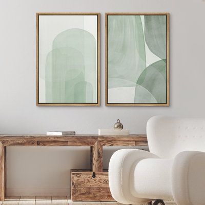 Pastel Watercolor Green Abstract Minimalist Decor - Framed Canvas Bedroom Wall Art Work Set 2 Print