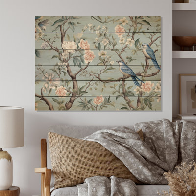 Minimalisme, oiseau sur fleurs II, impression sur bois