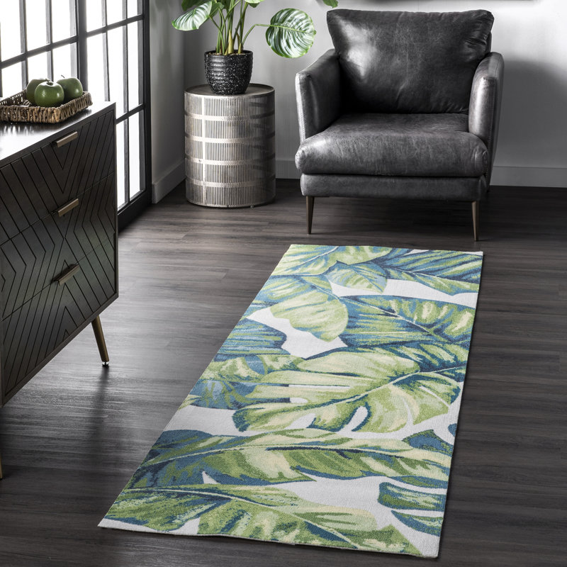 Commer Tropical Leaf Green Indoor/Outdoor Patio Rug, Runner 2'6" x 10'