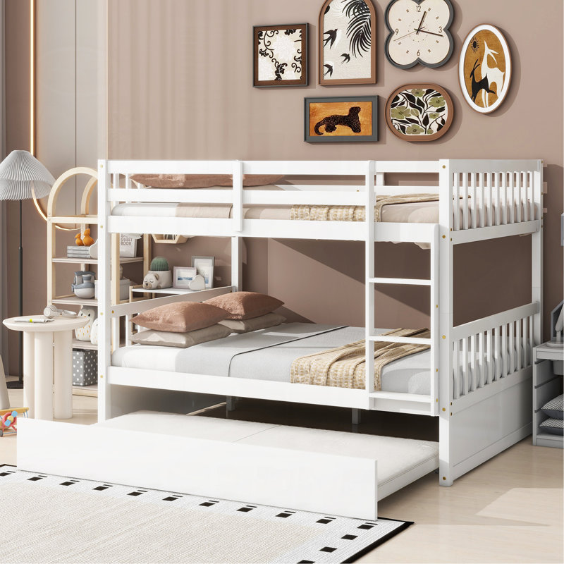 Full Over Full Rubber Wood Bunk Bed With Trundle, Ladder And Guardrails, Convertible To 2 Full Size Beds, With Twin Size Trundle,White