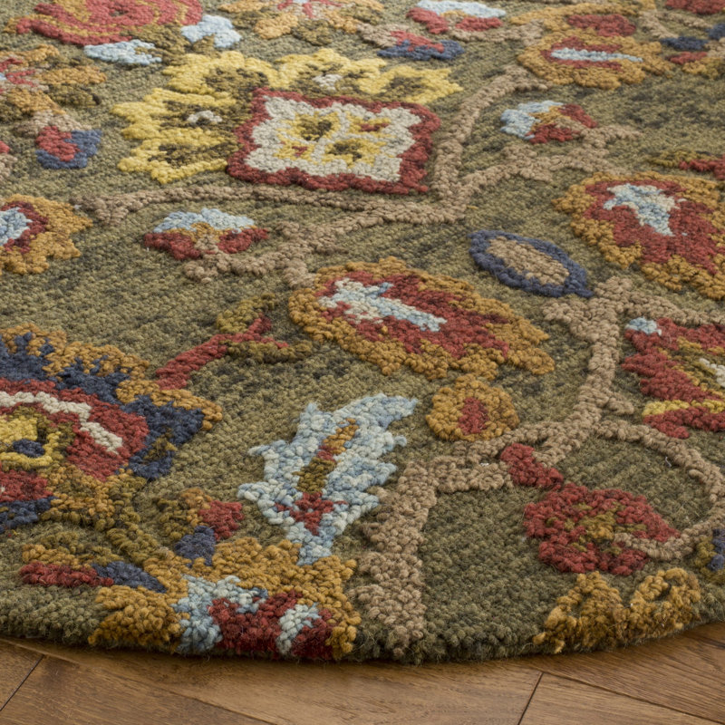 Tapis vert / multicolore en laine fait à la main Tansy, Rond 4 pi