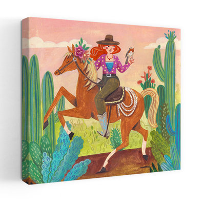 Cowgirl on horse in the desert Abstract Contemporary Bird Cactus Horse Flower Landscape Wall Art Print