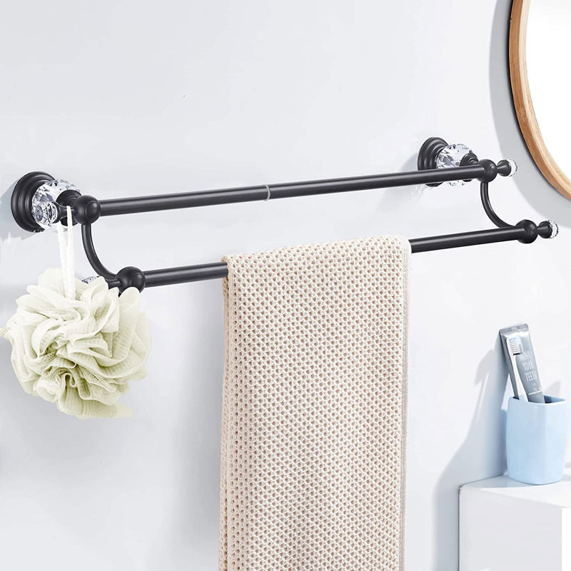 Porte-serviettes, porte-serviettes double réglable, porte-serviettes de salle de bain mural, cristal noir, Black
