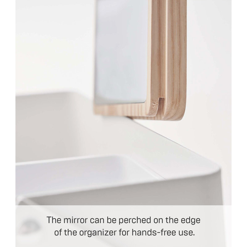 White Steel and Wood Makeup Organizer with Mirror and Handle