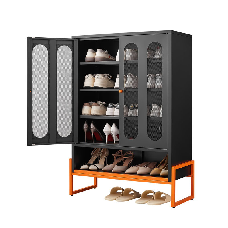 5.9" High Foot Double-sided Mesh Door Shoe Cabinet – Movable Double-layer Partitions, Hollow Base (moisture-proof/seismic), Robot Vacuum Accessible, Under-door Storage For Living Room
