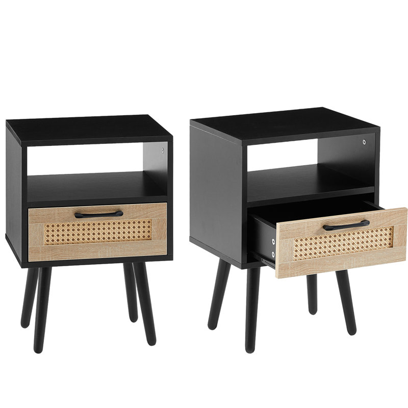 Table de chevet moderne en rotin avec pieds en bois massif (ensemble de 2), Noir, noir, noir, noir