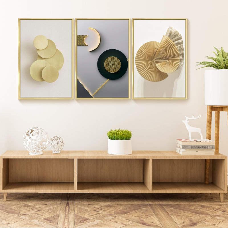 Cadre moderne abstrait encadré - ensemble de 3 reproductions sur toile, H 16 po x l 36 po x P 1,5 po, Or
