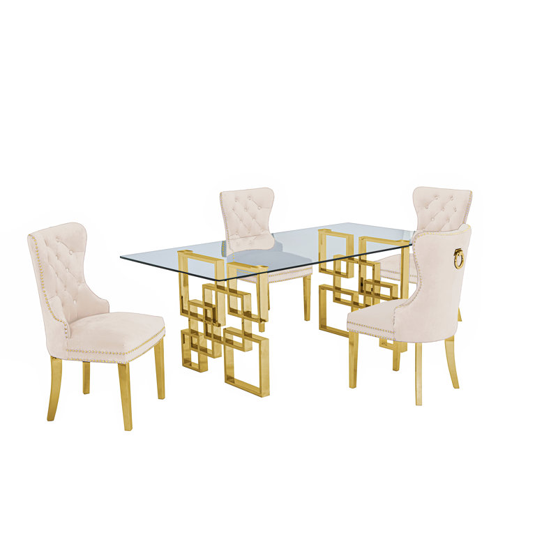 Toombs Glass Top Double Pedestal Dining Set, Cream/Gold, 5