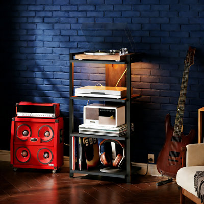 4-Tier AV Media Stand With Charging Station & LED Light, Wooden Corner TV Stand For Entertainment Devices, Black