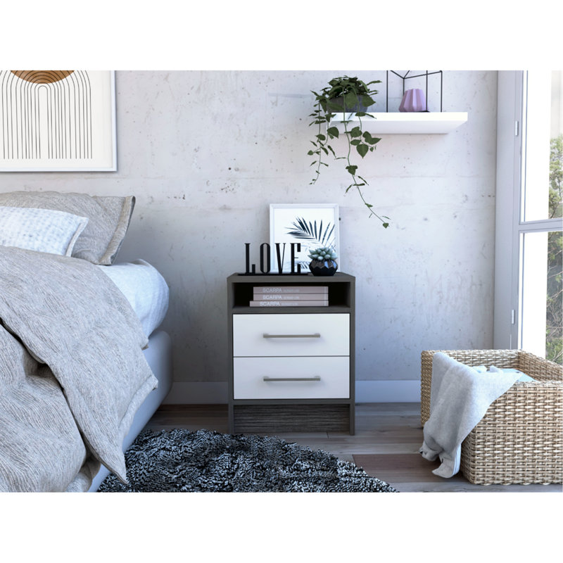 Nightstand 20"H, Two Drawers, Superior Top, Metal Handles, Smokey Oak / White, White/Oak