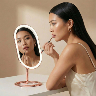 Vera Vanity Makeup Mirror with Lights, Rechargeable, Illuminated Cosmetic Mirror with 3 Dimmable Light Settings, Adjustable Stand (Rose Gold)