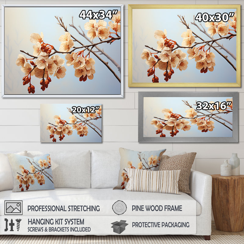 Douce branche de fleur de brun doux - reproduction sur toile, H 16 po x l 32 po x P 1 po, Cadre flottant blanc