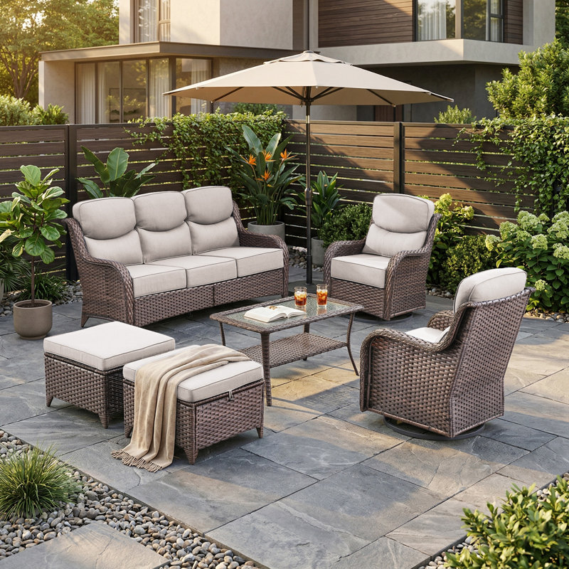 Wickes Haven 6-Pieces PE Wicker Outdoor Patio Conversation Set With 6" Thickness Cushions, Beige, Brown