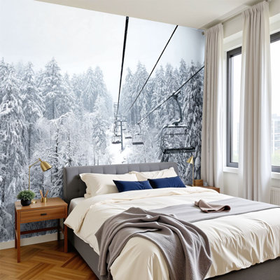 Peel and Stick Wallpaper 96" W x 69" H Modern Self Adhesive Wall Mural for Bedroom Old Cable Ski Lift Skiing Forest Landscape
