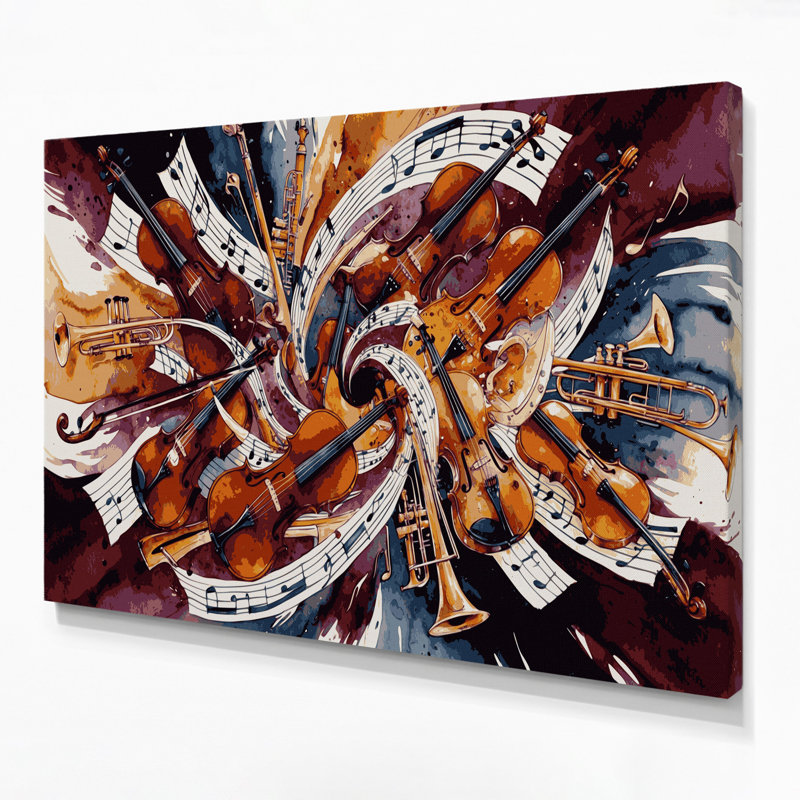 «Music», instruments de musique, toile rouge, H 12 po x l 18 po
