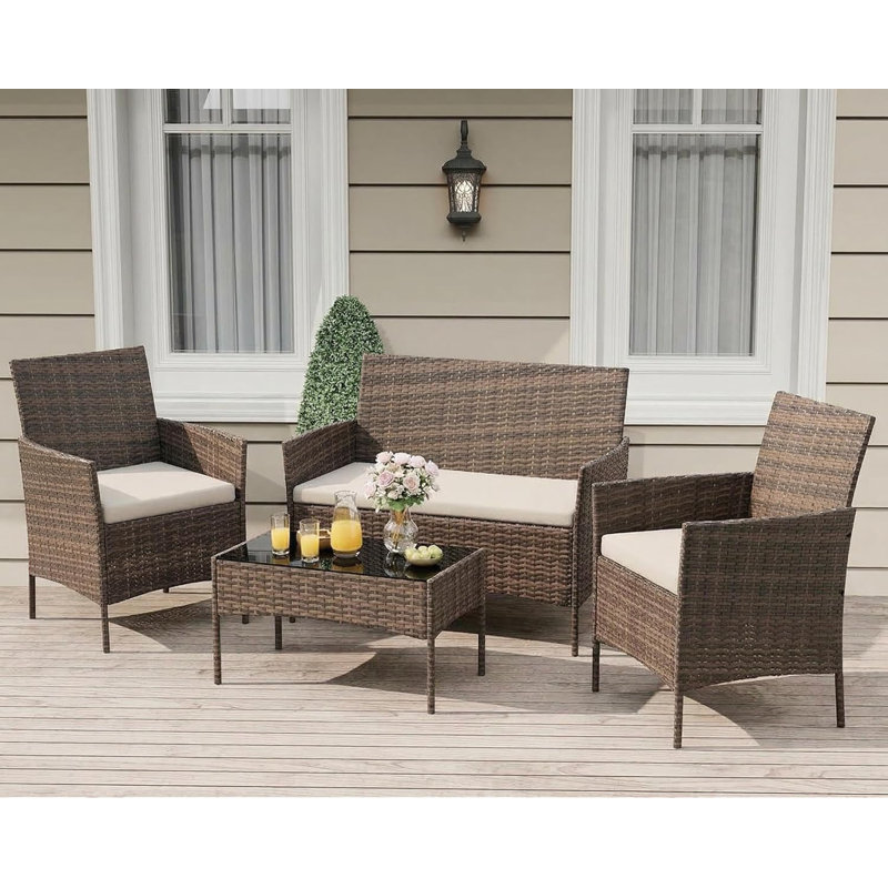 4-Piece Outdoor Furniture Set, PE Rattan Wicker Chairs with Soft Cushions & Tempered Glass Coffee Table - All-Weather Patio Set for Garden, Backyard, Porch, Poolside (Gradient Brown/Beige)
