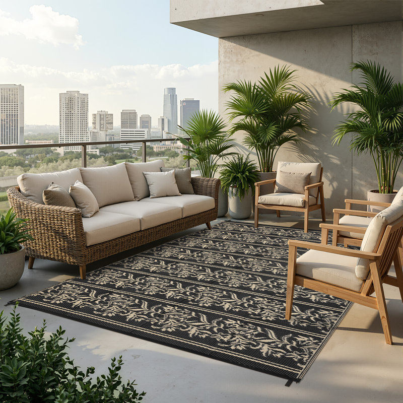 Waterproof Reversible Outdoor Rug - Boho Leaf Design - Large, UV & Mark Resistant, Collapsible Plastic Area Mat with 4 Stakes & Storage Bag - Size: 9x12ft (274x366cm),Black
