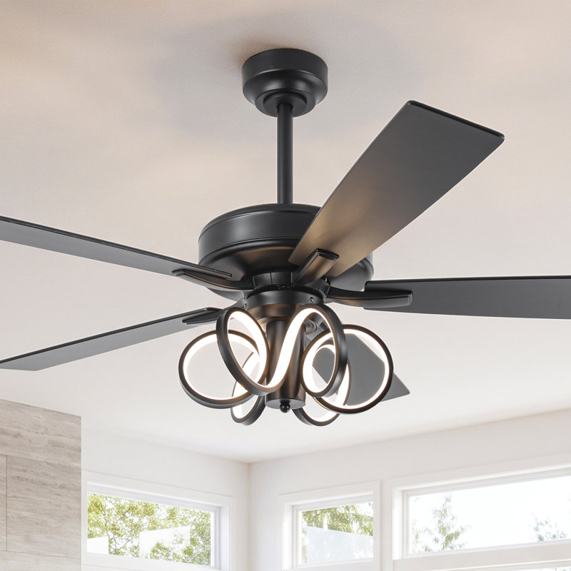 Modern 52" Double-Sided 5-Blade LED Ceiling Fan With Remote Control, Matte Black