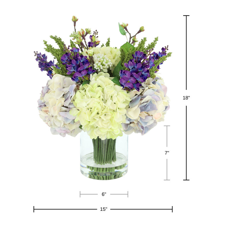 Faux Floral Arrangement with Hydrangeas and Heather, Purple, 18" H x 15" W x 15" D