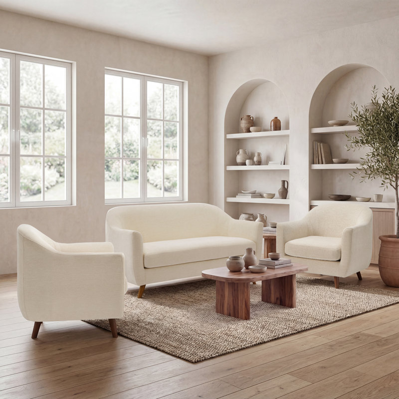 Kaya 3-Piece Modern Living Room Sofa Set With Loveseat And Accent Chair, Cream