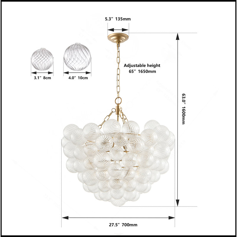 Lustre suspendu en or 23,6 pouces avec abat-jour sphérique en verre transparent fileté - Hauteur réglable, idéal pour le salon, la salle à manger, la cuisine (sans ampoules) 