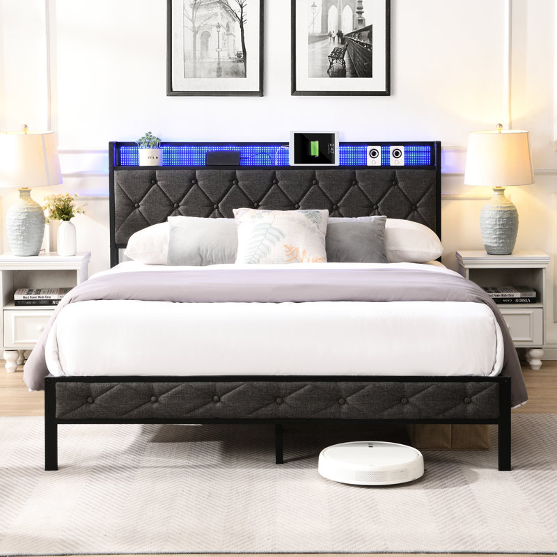Lit plateforme tapissier gris foncé avec lumières à DEL et rangement - Lattes lourdes de tête de lit double en métal, couleur, sans sommier tapissier, bruit, facile à installer