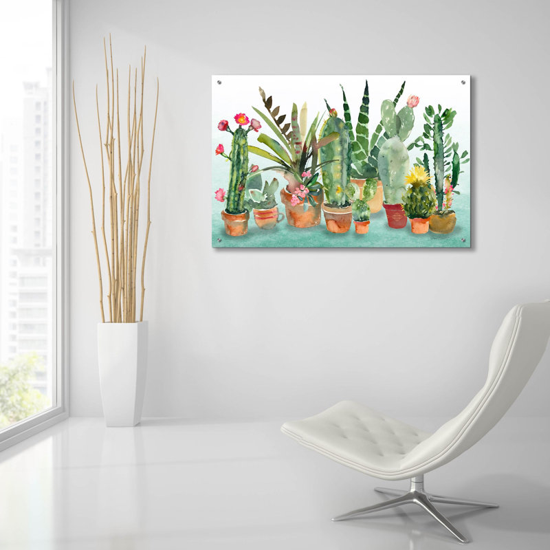 Art mural en verre épique «Beautiful Cactus Garden» par Jean Plout, 36 po x 24 po, H 24 po x l 36 po