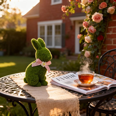 7-inch Flocked Easter Bunny Figurine - Handmade Moss Green Rabbit Statue With Pink Polka Dot Bow - Weatherproof Resin Sculpture For Garden, Yard, Spring Home Decor & Easter Table Centerpiece (style A)