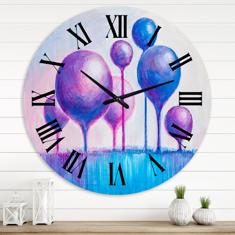 Paysage surréaliste d'arbres rouges et mauves I - Horloge murale, Surdimensionné