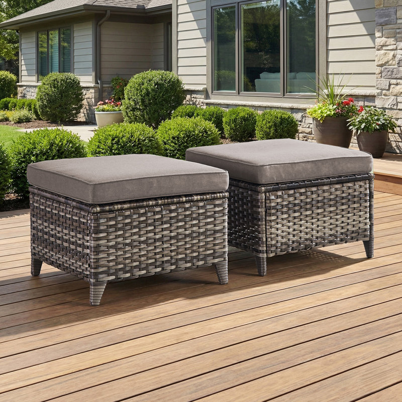 Wicker Outdoor Ottomans for Patio Set of 2 Rattan Footstools w/Removable Cushions, Gray, Gray