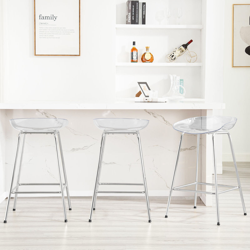 26" Clear Plastic Seat Counter Stools with Chrome Metal Frame, Set of 3