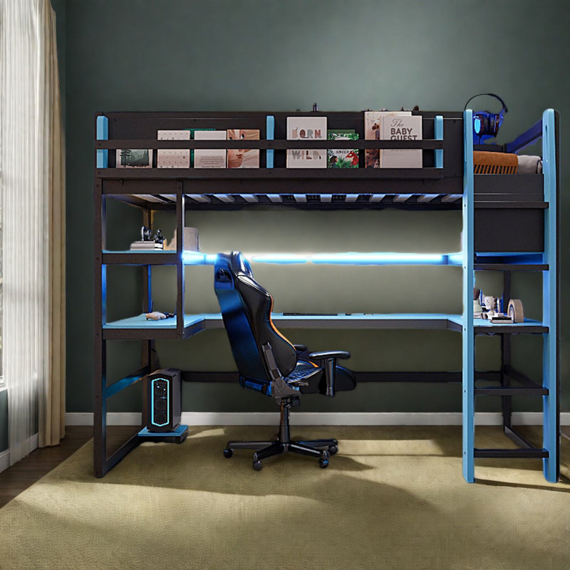Lit mezzanine simple en bois compact avec rangement multifonctionnel et éclairage RVB moderne