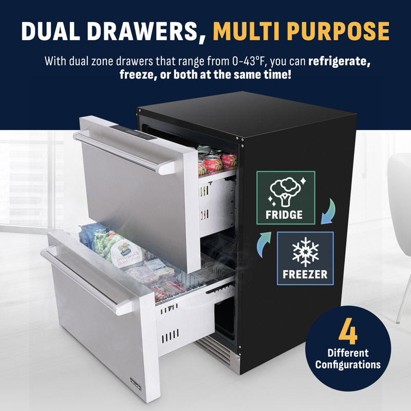 Newair 24" Outdoor Undercounter Convertible Refrigerator and Freezer, Stainless Steel, Dual Zone with Drawers