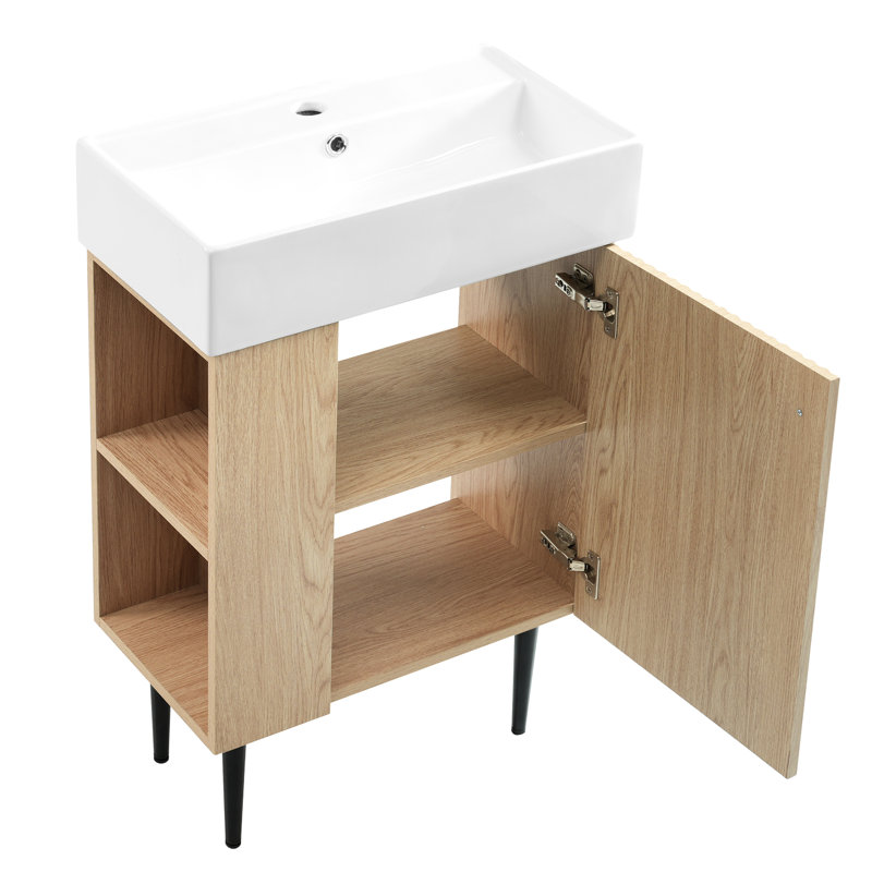 Armoire de rangement de salle de bain de 21,6 po avec lavabo et rebords latéraux à ouverture d'eau, charnières à fermeture en douceur, design élégant et fonctionnel